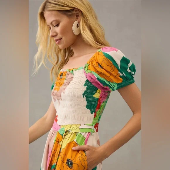 ✨ Anthropologie Puff-Sleeve Ruffle Romper Sz S - Picture 3 of 11